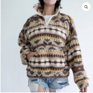 Aerie OFFLINE Sherpa brown & yellow pattern 1/4 zip cozy Sweater Cabincore